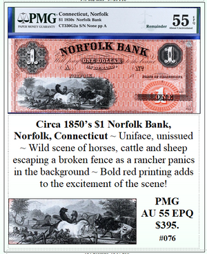 Circa 1850's $1 Norfolk Bank, Norfolk, Connecticut #076