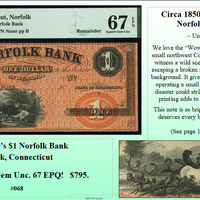 Circa 1850's $1 Norfolk Bank, Norfolk, Connecticut #068