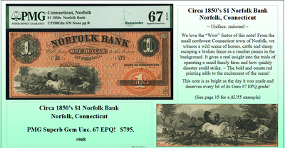Circa 1850's $1 Norfolk Bank, Norfolk, Connecticut #068
