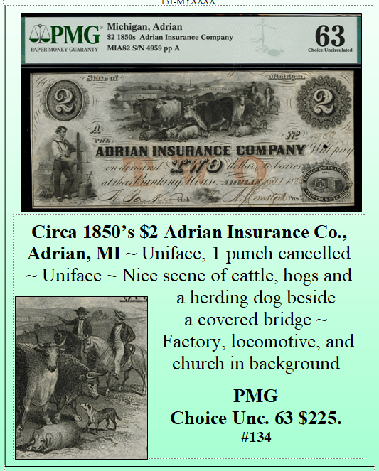 Circa 1850's $2 Adrian Insurance Co., Adrian, MI #134