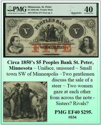 Circa 1850's $5 Peoples Bank St. Peter, Minnesota #034