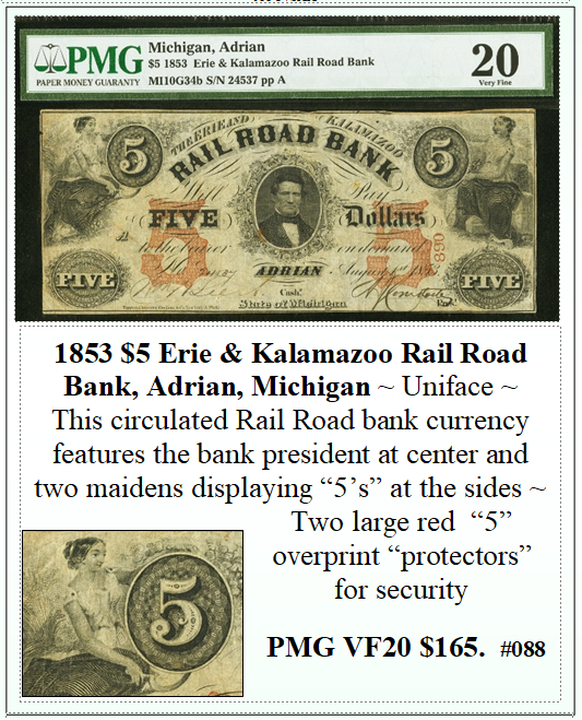 1853 $5 Erie & Kalamazoo Rail Road Bank, Adrian, Michigan #088