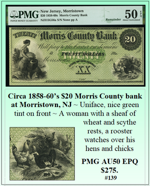 Circa 1858-1860's $20 Morris County Bank at Morristown, NJ #139