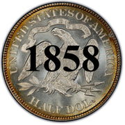 1858 Seated Liberty Half Dollar , Type 1 "Obverse Stars NO Motto"