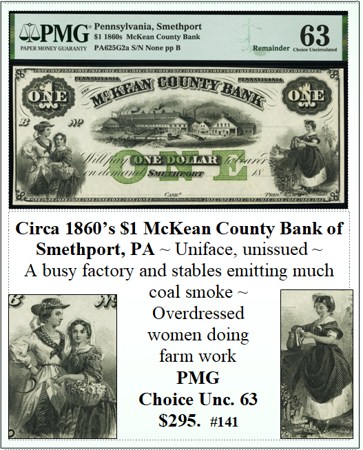 Circa 1860's $1 McKean County Bank of Smethport, PA #141