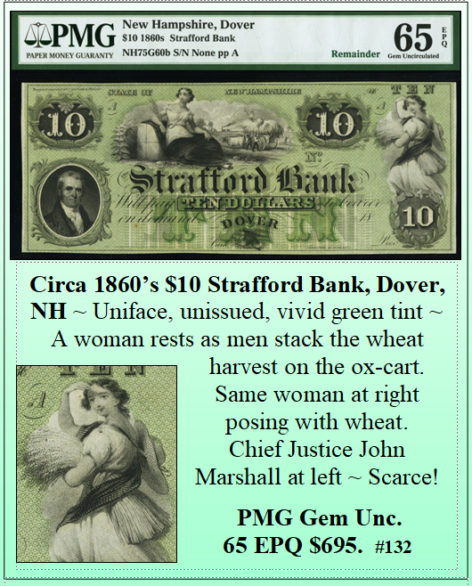 Circa 1860's $10 Strafford Bank, Dover, NH #132