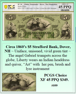Circa 1860's $5 Strafford Bank, Dover, NH #099