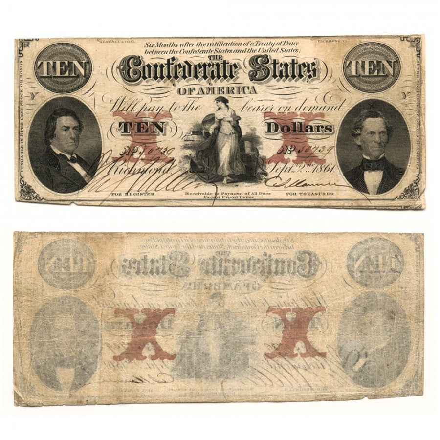 1861 $10 (T-26) Richmond, Virginia - Uniface - Cut Cancelled - Confederate Currency -