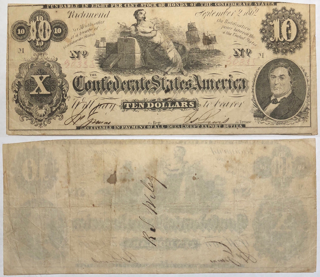 1862 $10 (T-46) Richmond, Virginia - Uniface - Confederate Currency -