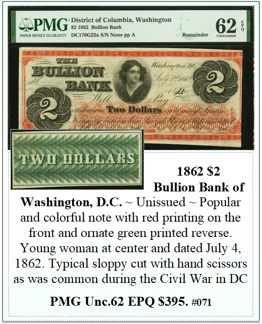 1862 $2 Bullion Bank of Washington, DC #071