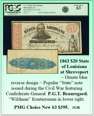 1863 $20 State of Louisiana at Shreveport #138