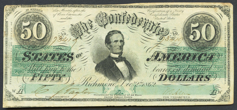 1863--Civil War--Confederate 50 Cent Bill--Stunning Color Light and Dark outlet Black/Rose Background-Grade 58 EPQ