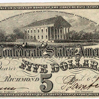 1863 $5 (T-60) Richmond, Virginia - Tan Paper - Blue ink reverse - Confederate Currency -