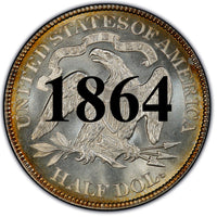 1864 Seated Liberty Half Dollar , Type 1 "Obverse Stars NO Motto"