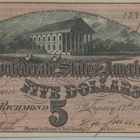 1864 $5 (T-69) Richmond, Virginia - Confederate Currency -