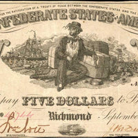 1864 $5 (T-37) Richmond, Virginia - Uniface - Confederate Currency -