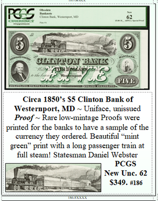 Circa 1850’s $5 Clinton Bank of Westernport, MD #186