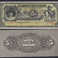 (Circa 1911) Revolutionary Mexico Sonora 5 Peso “Girl/ Maiden/Cherub”  Size: Large  ~ World Currency