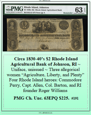 Circa 1830-40’s $2 Rhode Island Agricultural Bank of Johnson, RI #191