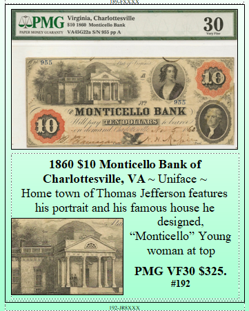 1860 $10 Monticello Bank of  Charlottesville, VA #192