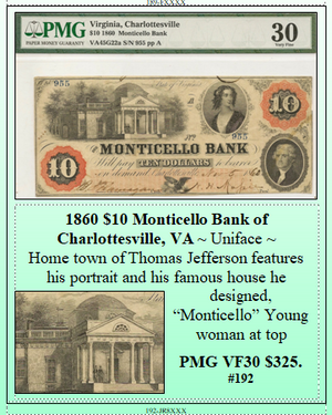 1860 $10 Monticello Bank of  Charlottesville, VA #192