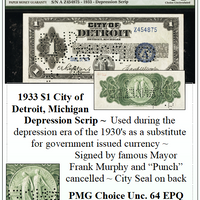 1933 $1 City of Detroit, Michigan Depression Scrip #128