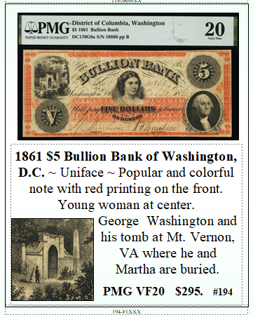 1861 $5 Bullion Bank of Washington, D.C. #194
