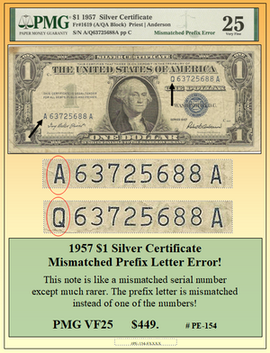 1957 $1 Silver Certificate Mismatch Prefix Letter Error! #PE-154