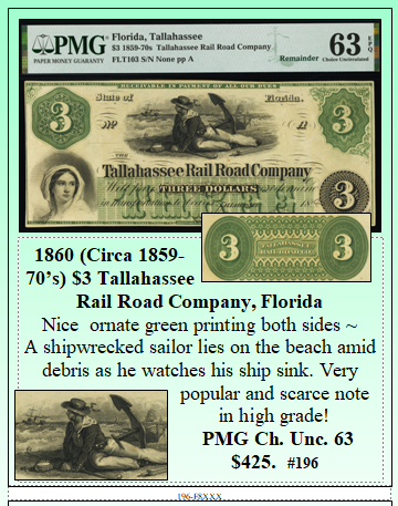 1860 (Circa 1859-70's) $3 Tallahassee Rail Road Company, Florida #196