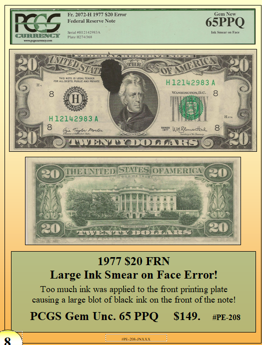1977 $20 FRN Large Ink Smear on Face Error! #PE-208