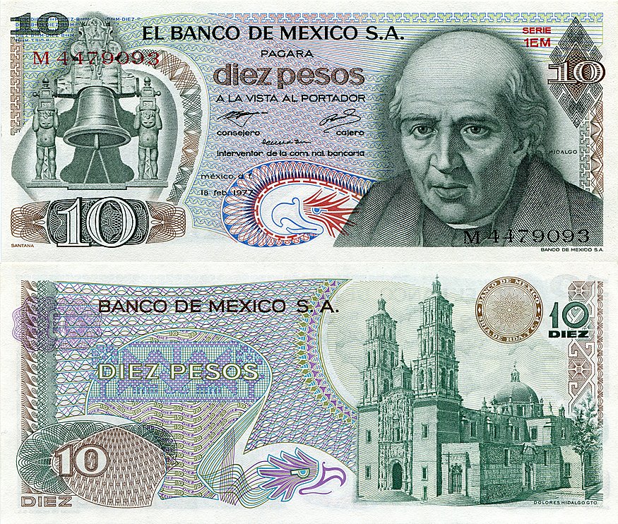 1977 Mexico 10 Pesos “Miguel Hidalgo & Cathedral” Size: Standard  ~ World Currency