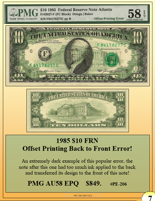 1985 $10 FRN Offset Printing Back to Front Error! #PE-206