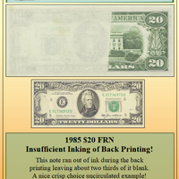 1985 $20 FRN Insufficient Inking of Back Printing Error! #PE-186