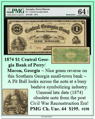 1874 $1 Central Georgia Bank of Perry/Macon, Georgia #198