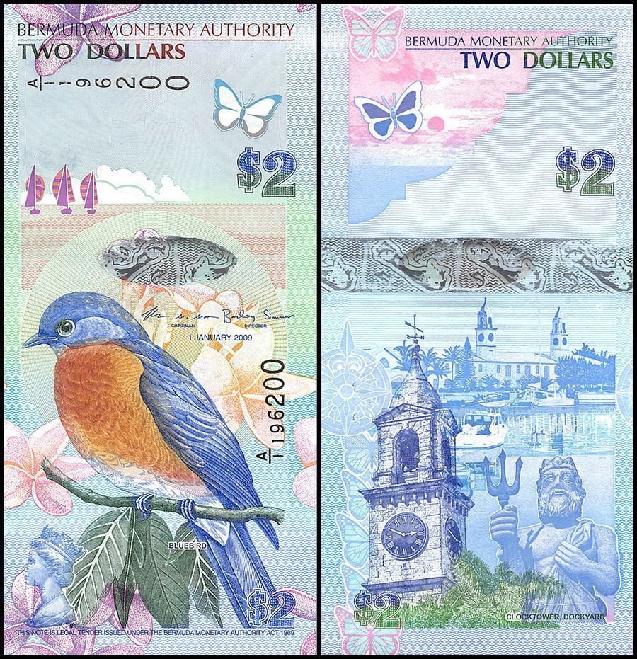 2009 Bermuda $2 "Bluebird & Clock Tower" World Currency , Uncirculated