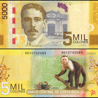 2012-16 Costa Rica 5000 Colones "Pres. Flores/Monkey" World Currency , Uncirculated