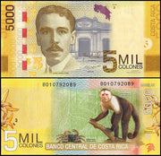 2012-16 Costa Rica 5000 Colones "Pres. Flores/Monkey" World Currency , Uncirculated