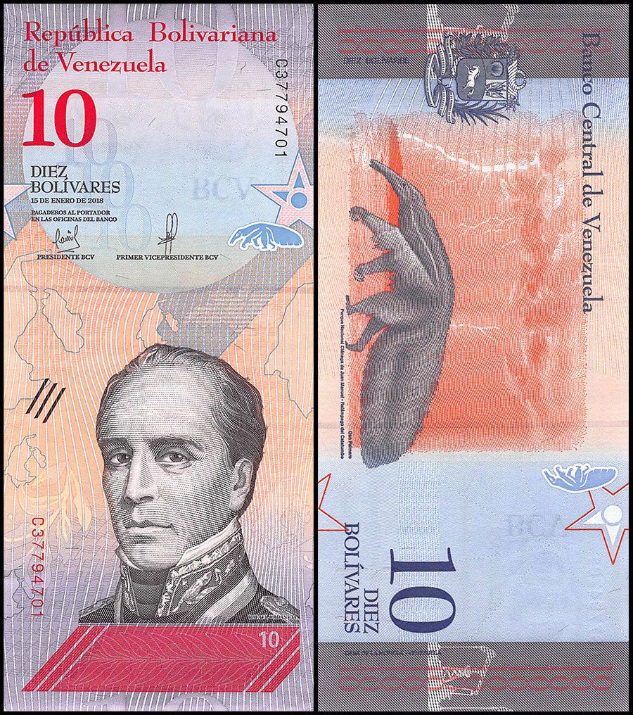2018 Venezuala 10 Bolivares "Pres. Urdaneta/Anteater" World Currency , Uncirculated