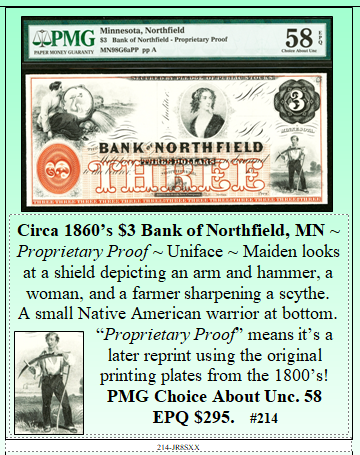 Circa 1860’s $3 Bank of Northfield, MN #214