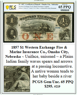 1857 $1 Western Exchange Fire & Marine Insurance Co., Omaha City, Nebraska #219