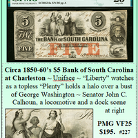 Circa 1850-60’s $5 Bank of South Carolina at Charleston #227