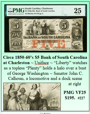 Circa 1850-60’s $5 Bank of South Carolina at Charleston #227