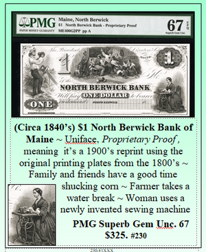 (Circa 1840’s) $1 North Berwick Bank of Maine #230