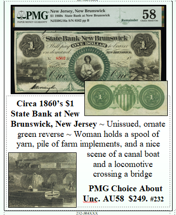 Circa 1860’s $1 State Bank at New Brunswick, New Jersey #232