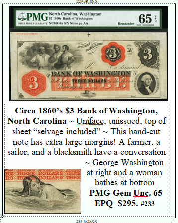 Circa 1860’s $3 Bank of Washington, North Carolina #233