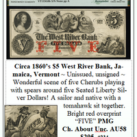 Circa 1860’s $5 West River Bank, Jamaica, Vermont #234