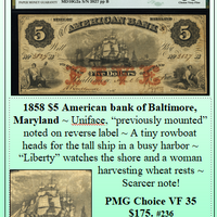 1858 $5 American bank of Baltimore, Maryland #236