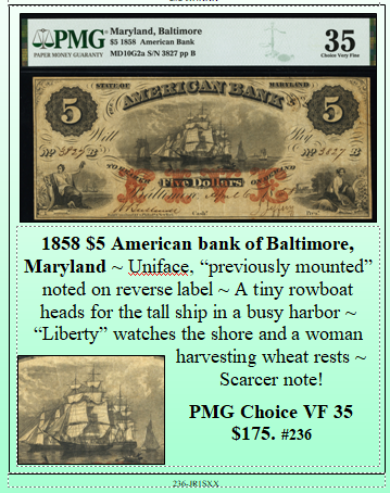 1858 $5 American bank of Baltimore, Maryland #236