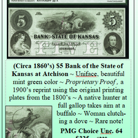 (Circa 1860’s) $5 Bank of the State of Kansas at Atchison #238