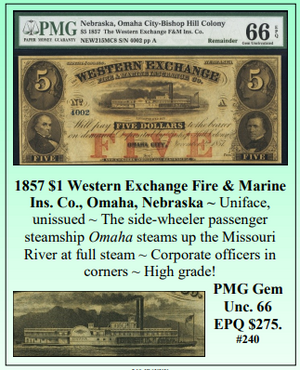 1857 $1 Western Exchange Fire & Marine  Ins. Co., Omaha, Nebraska ~ PMG GEM UNC66 ~ #240